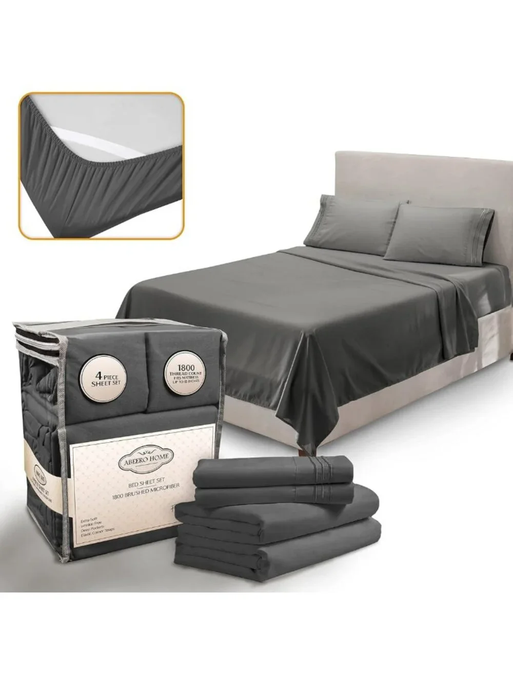 Luxury King Size Sheet Set - 4pcs Gray Cooling Soft Microfiber with Deep Pockets